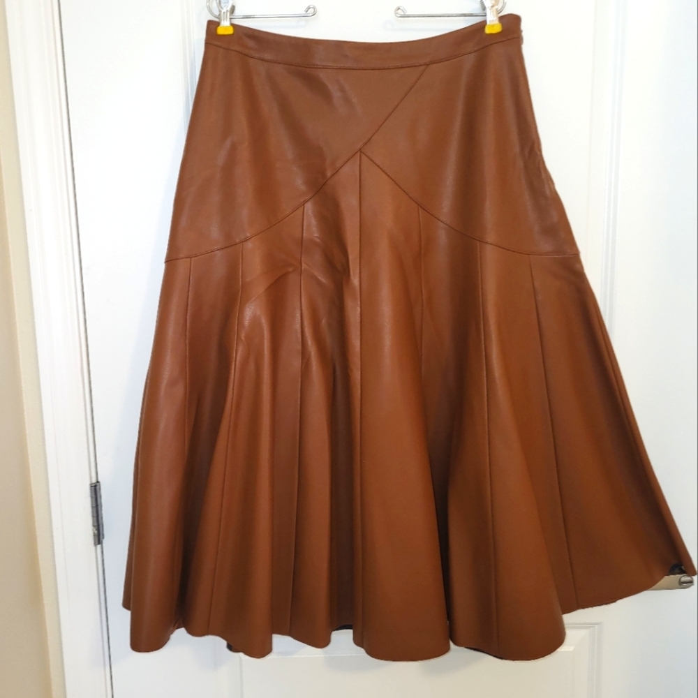 Anthropologie A-Line Brown Faux Leather Skirt Size 14
